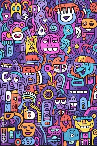 Obraz Illustration of colorful doodle crowd cute alien and monster Created with Generative AI technology.