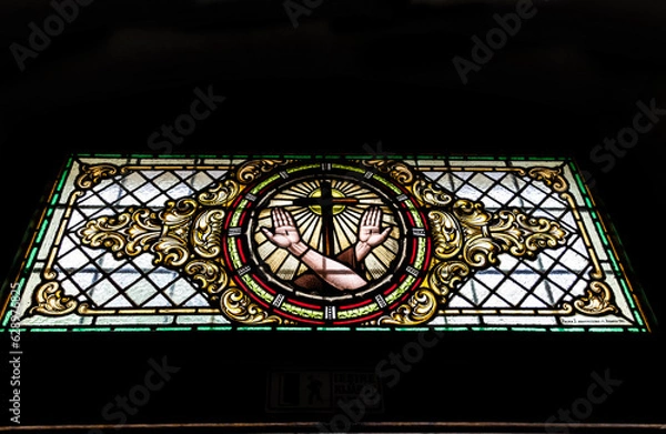 Obraz Stained glass window at the Franciscan monastery.. Sumuleu Ciuc, Romania.