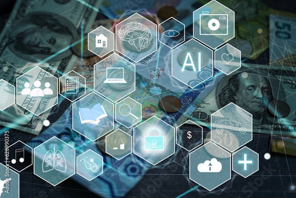Fototapeta Artificial Intelligence AI, Internet of Things IoT. Business man using laptop computer on technology background, big data, deep learning, smart phone chatbot application, 4.0 industrial technology.