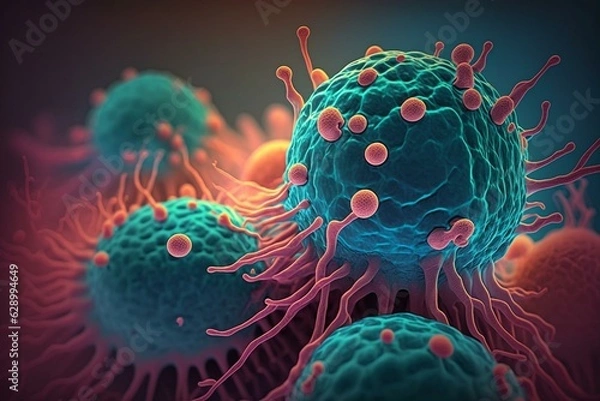 Fototapeta Closeup view of malignant cancer cells under microscope, causing immune disease. Chemotherapy reaction. Medical background. Generative AI