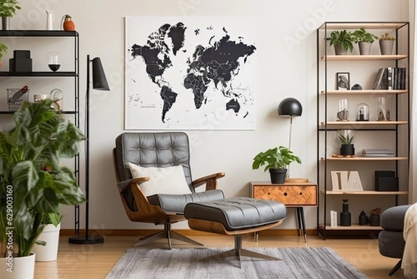 Fototapeta The living room interior has a retro design, featuring a mock up poster map, a wooden shelf, a book, an armchair, a plant, cacti, a vinyl recorder, various decorations, and personal accessories. This