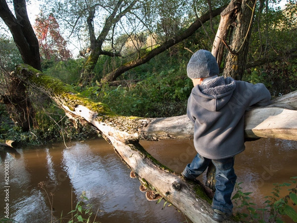 Fototapeta Child goes on a log on the background of the river