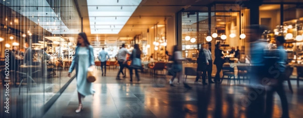 Fototapeta Blurred background of a modern shopping mall with some shoppers. Shoppers walking at shopping center, motion blur. Abstract motion blurred shoppers with shopping bags, ai