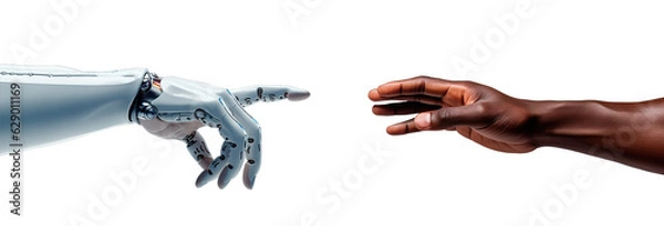 Obraz Human hand trying to reach robotic android hand. Artificial Intelligence conquer concept