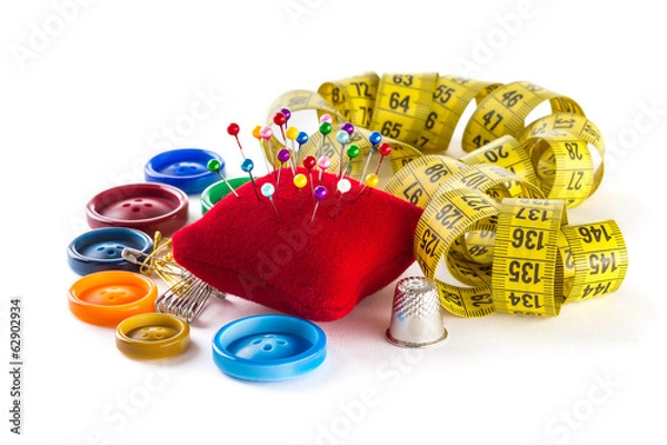 Fototapeta Tools for sewing: measurement, button, thimble, pins