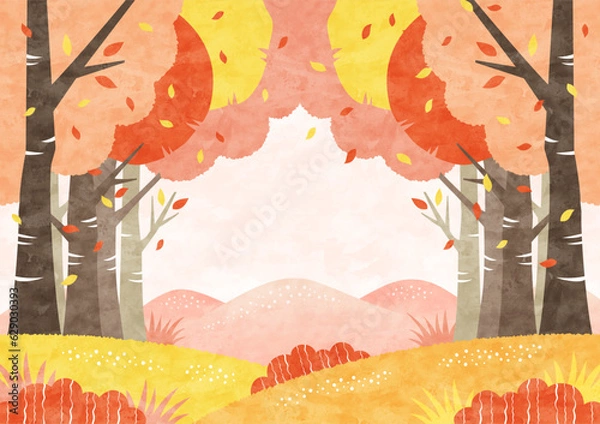 Obraz 紅葉した木々が彩る秋の森の風景 自然あふれる水彩背景イラスト