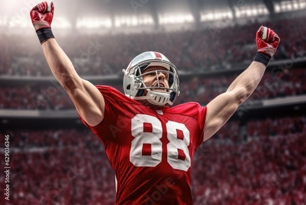 Fototapeta American Football Player Scores a Touchdown.American football player celebrates scoring a touchdown in front of a roaring stadium crowd