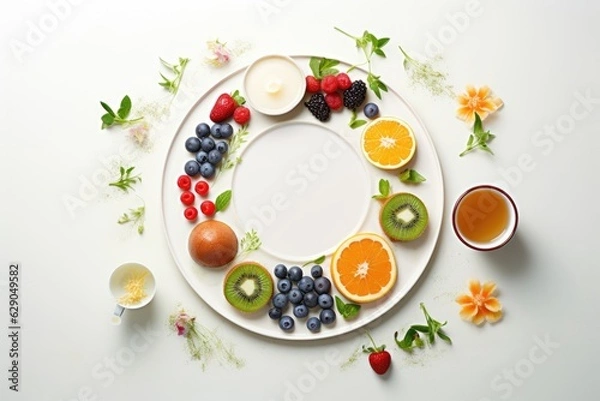 Fototapeta white plate with healthy food, fruits and berries on a white background, top view, free space. ai generative
