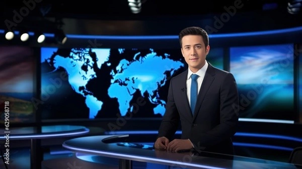 Fototapeta Zdjęcie prezentera telewizyjnego na popularnym kanale. transmisja transmisji na żywo w telewizji. Przystojny biały amerykański Brytyjczyk w garniturze. Prognoza pogody w studio. Tło mapy świata. Generatywny AI