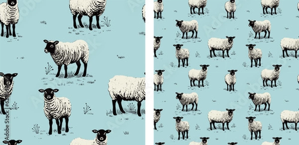 Fototapeta flock of sheep cute nursery vintage pale blue and white childlike farm vector illustration seamless pattern