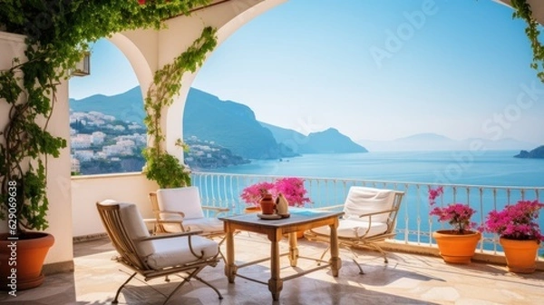 Fototapeta Luxurious villa nestled along the breathtaking Amalfi Coast of Italy, with panoramic views of the sparkling Mediterranean Sea and cliffside terraces
