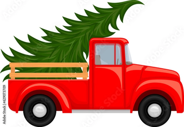 Fototapeta Vector illustration of a bright red vintage style truck carrying a Christmas tree in its bed.
