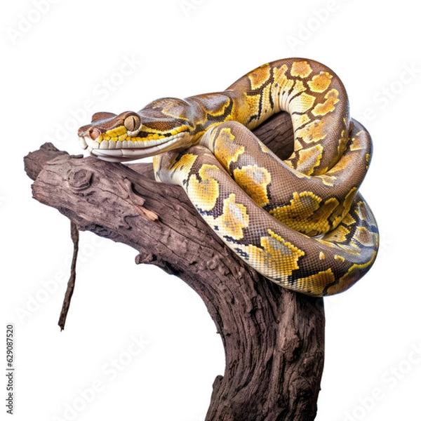 Fototapeta A large yellow and brown snake on a tree branch. isolated on white. Transparent PNG. Generative AI
