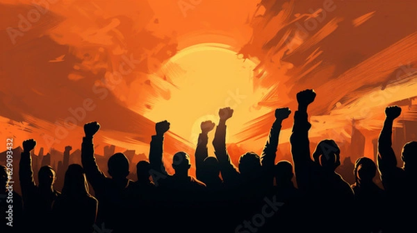 Fototapeta Silhouetted Men and Women Holding Fists in the Air, Representing Solidarity, Painting, Generative AI
