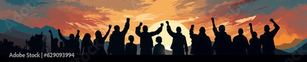 Fototapeta Silhouetted Men and Women Holding Fists in the Air, Representing Solidarity, Painting, Generative AI
