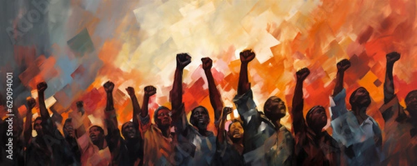 Obraz Silhouetted Men and Women Holding Fists in the Air, Representing Solidarity, Painting, Generative AI