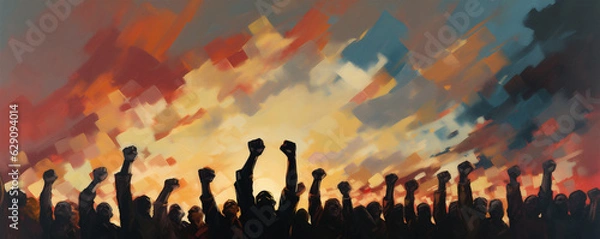 Obraz Silhouetted Men and Women Holding Fists in the Air, Representing Solidarity, Painting, Generative AI