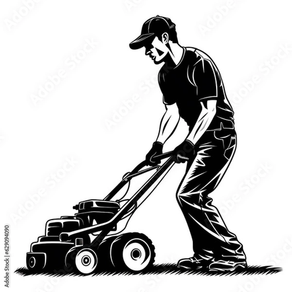 Obraz Black Clip Art of a Man Using a Push Mower, Generative AI