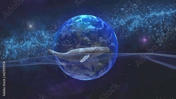 Fototapeta The blue whale swims towards the cosmic waves, against the backdrop of the vast earth. Fantasy with a big whale floating on the waves of time and the universe.