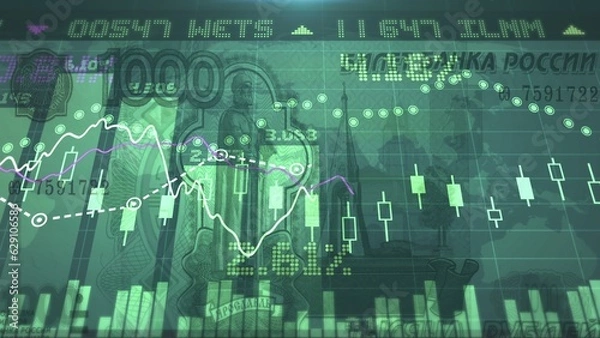 Fototapeta 1000 Rubles and Digital Animation of Stock Market Price Changes. The video of this image is in my portfolio.	