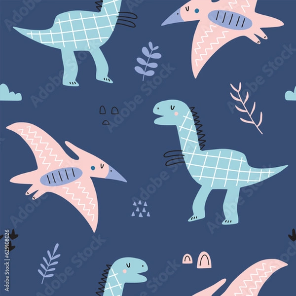 Fototapeta Seamless pattern with cute dinosaurs for kids. Suitable for textile, nursery, wallpaper, wrapping paper, clothes.