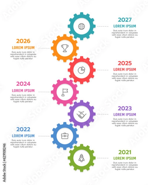 Fototapeta Infographic timeline 7 gears template. Roadmap, Milestone, Cog. Vector illustration.