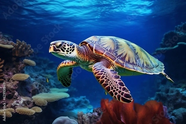 Obraz Generative AI : Colorful Watercolor Illustration of a Graceful Sea Turtle Swimming in the Ocean's Wonderland