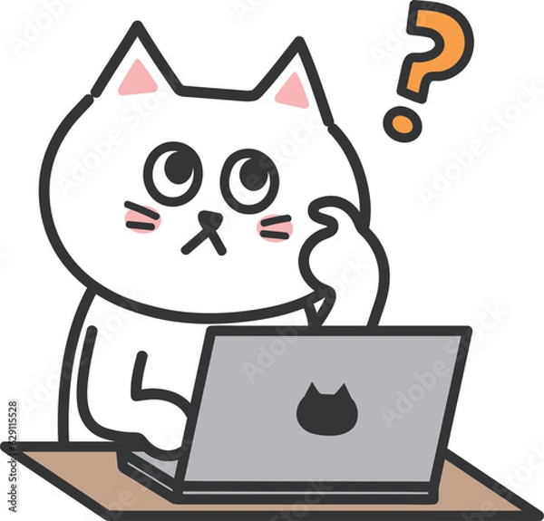Fototapeta White cartoon cat wondering something while using a computer, vector illustration.