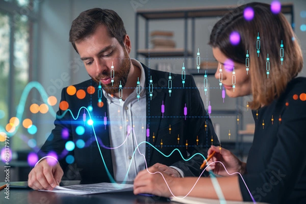 Fototapeta Businesspeople in formal wear taking notes signing contract at office workplace. Concept of important working moments, document sign, working process, concentration. Financial charts