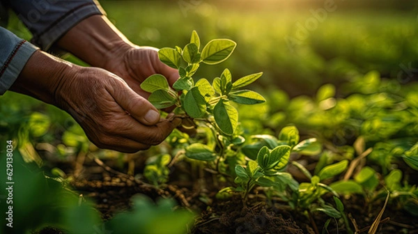 Fototapeta agronomist inspecting soybean plants in a lush field