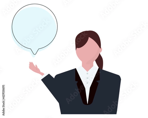 Fototapeta 吹き出しを浮かべて説明をするビジネスウーマンの女性。コピー＆ペースト。ベクターイラスト