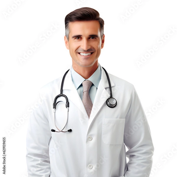 Fototapeta Cheerful mature doctor posing and smiling at camera, healthcare and medicine png format on transparent background Fictional Person, Generative AI