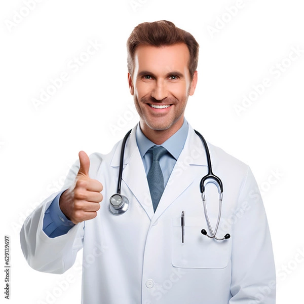 Fototapeta Happy smiling doctor with thumbs up gesture, isolated on transpared background png format Fictional Person, Generative AI