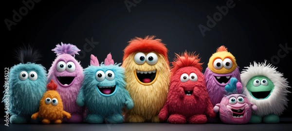Obraz group of cute monster in a raw. created by generative AI technology.