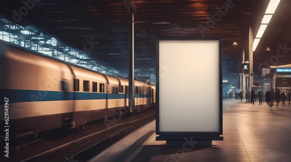 Fototapeta Illuminated blank billboard with copy space in train station