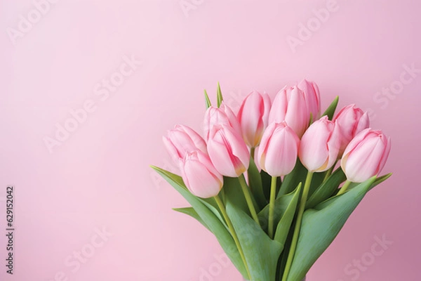 Fototapeta Natural bouquet of spring tulips. Pink tulips on a plain background.GenerativeAI.