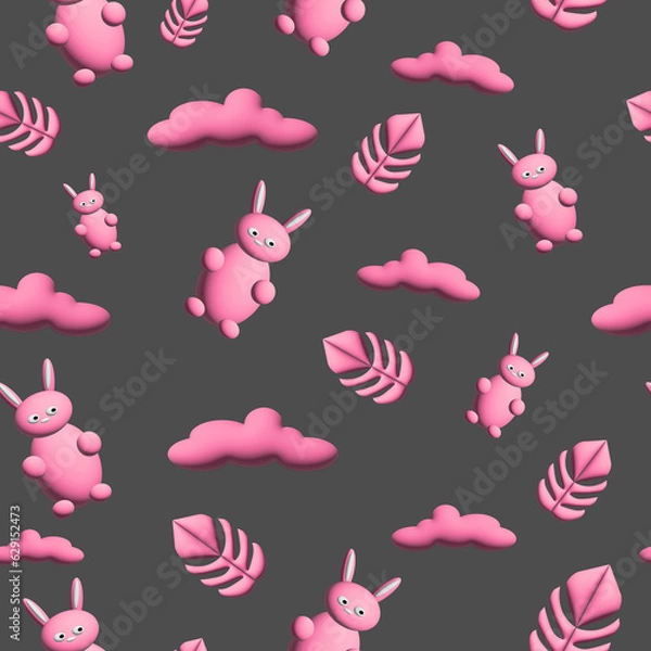 Fototapeta 3D patterns depicting an inflatable rabbit and clouds. Design for nursery, fabric, wallpaper, packaging, invitation.