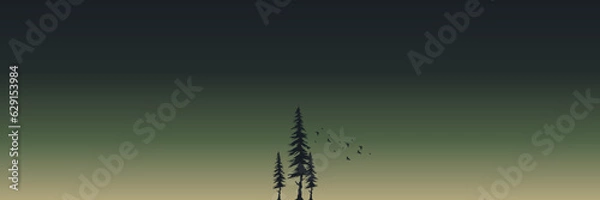 Fototapeta pine tree and bird flying silhouette with sunset landscape panorama vector illustration good for wallpaper, backdrop, background, web banner, and design template