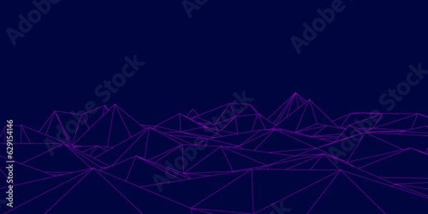 Fototapeta Abstract blue and pink futuristic 3D map. 3D space landscape background. Vector grid. The style of the 80-s.