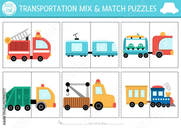 Fototapeta Vector transportation mix and match puzzle with cute trucks and trains. Matching transport activity for preschool kids with lorries and trailers. Educational printable city vehicles game.