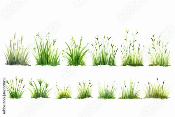 Fototapeta Set of Watercolor green lush grass for spring or summer decoration. Tufts of fresh plants in close up isolated on white. Collection of ecology outdoor blade elements growing in garden or meadows