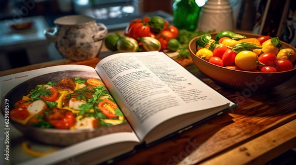 Fototapeta Recipe Book Surrounded by a Variety of Vegetables - AI Generated
