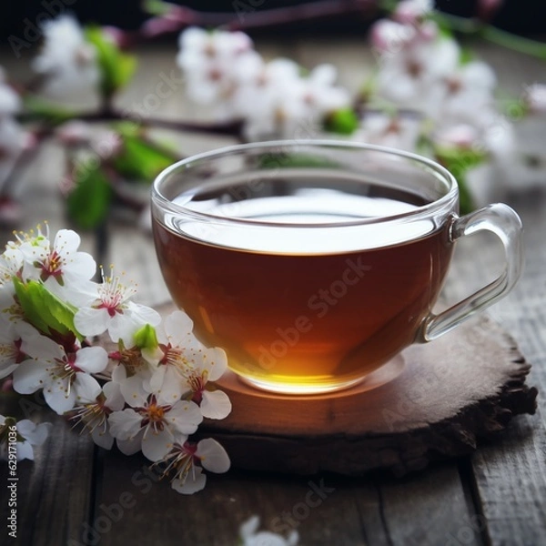 Obraz Beautiful Cup of Tea on a Wooden Table with Spring Flower