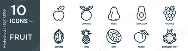 Fototapeta fruit outline icon set includes thin line , orange, rose, avocado, grapes, durian, pine icons for report, presentation, diagram, web design
