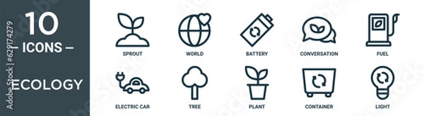Fototapeta ecology outline icon set includes thin line sprout, world, battery, conversation, fuel, electric car, tree icons for report, presentation, diagram, web design