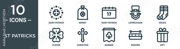 Fototapeta st patricks outline icon set includes thin line saint patrick, money, saint patrick, leprechaun, socks, clover, christian icons for report, presentation, diagram, web design