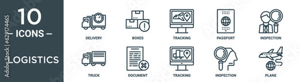 Fototapeta logistics outline icon set includes thin line delivery, boxes, tracking, passport, inspection, truck, document icons for report, presentation, diagram, web design