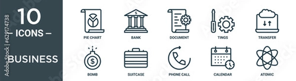 Fototapeta business outline icon set includes thin line pie chart, bank, document, tings, transfer, bomb, suitcase icons for report, presentation, diagram, web design