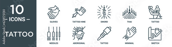 Fototapeta tattoo outline icon set includes thin line gloves, tattoo hine, sword, thai, tattoo, needles, aboriginal icons for report, presentation, diagram, web design
