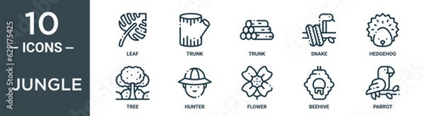Fototapeta jungle outline icon set includes thin line leaf, trunk, trunk, snake, hedgehog, tree, hunter icons for report, presentation, diagram, web design